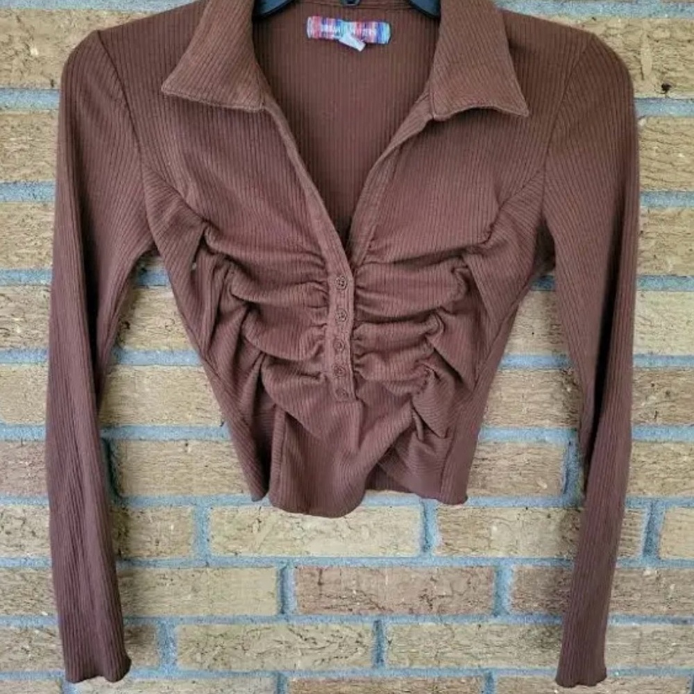 Urban Outfitters Chocolate Ruched Blouse - Brown 70s slight V Neck - Long Sleeve